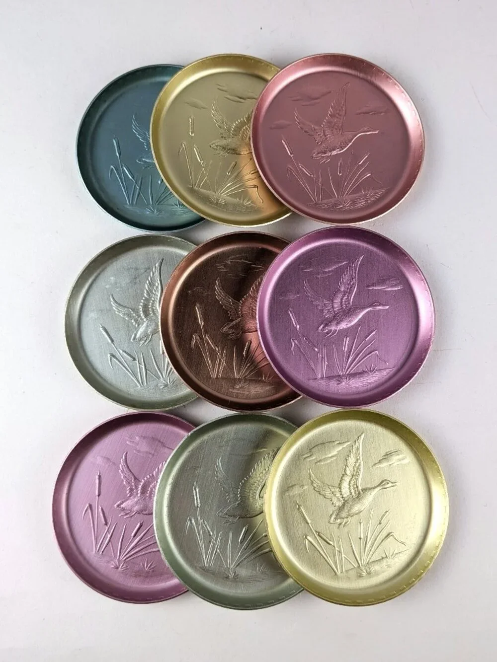 Vintage 50s Pastel Aluminum Drink Coasters x9